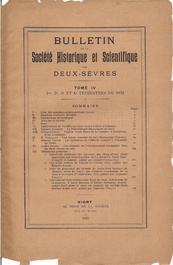SHSDS : Bulletin, Série 1, TOME IV 1r, 2e, 3e et 4e trimestres de 1922