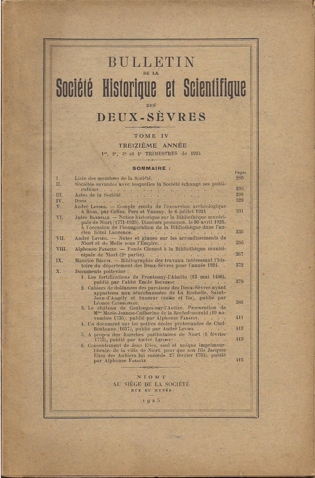 SHSDS : Bulletin, Série 1, TOME IV 1r, 2e, 3e et 4e trimestres de 1924