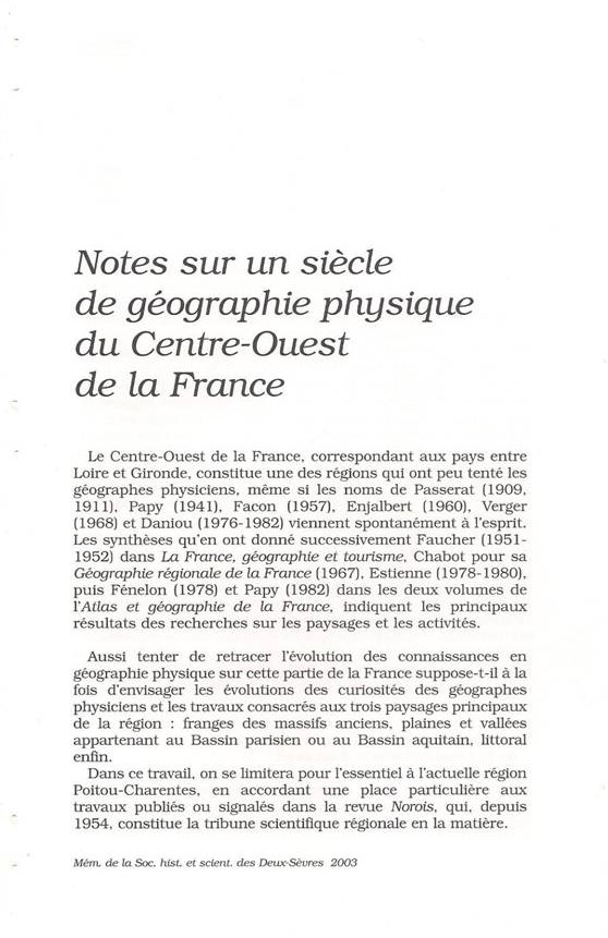 SHSDS : SHSDS : Notes sur un siècle de géographie physique du Centre-Ouest de la France
